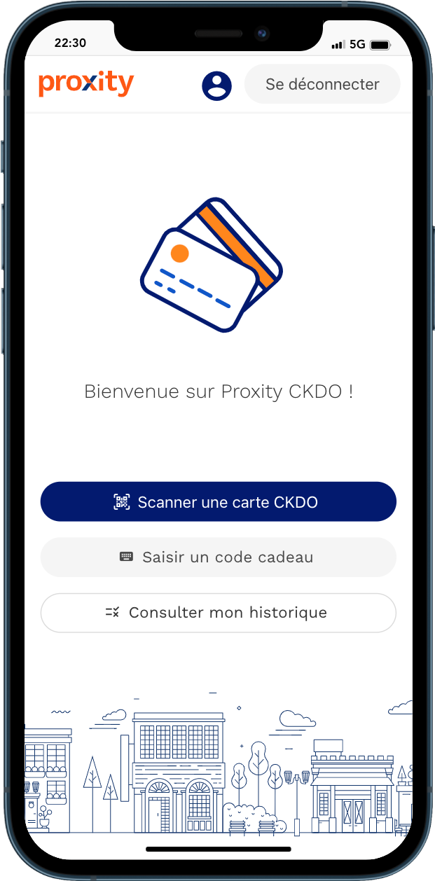 Proxity CKDO, écran d'accueil commerçant